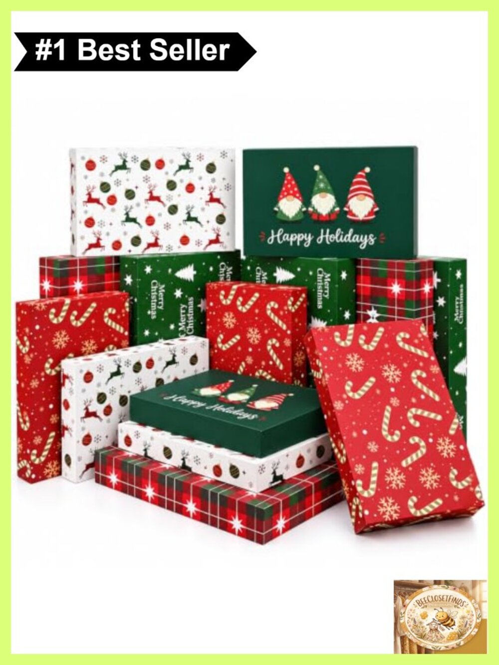 15 Pack Christmas Gift Boxes with Lids 2 Sizes 5 Designs Decorative Holiday